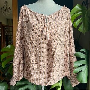 MAX STUDIO Patterned Long Sleeve Tie Front Peasant Blouse EUC Size L